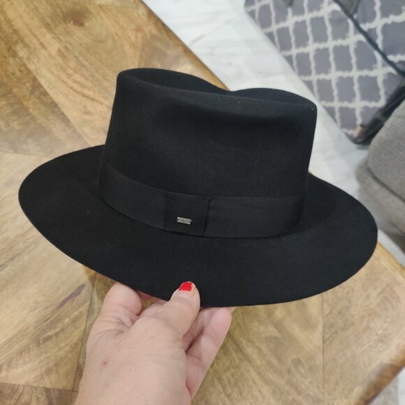 SAINT LAURENT Rabbit Felt Fedora Hat Size 60 XL Leather Sweatband Logo New - Picture 1 of 5